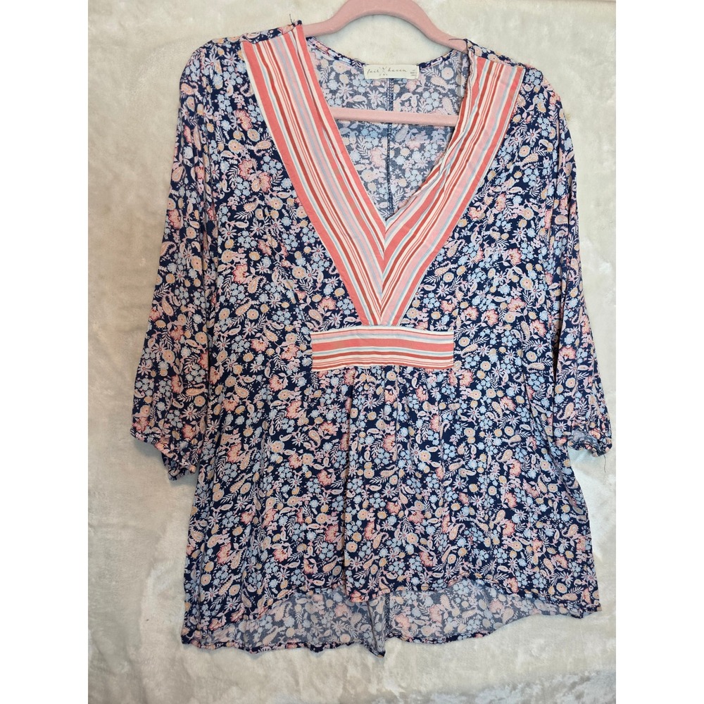 Fair Haven Women XXL Navy Blue Floral V-Neck 3/4 Sleeve‎ Empire Waist Blouse Top
